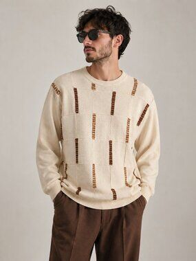 Vintage Tagio Men’s Sweater Size M Cream Beige Geometric Knit Pullover 90s